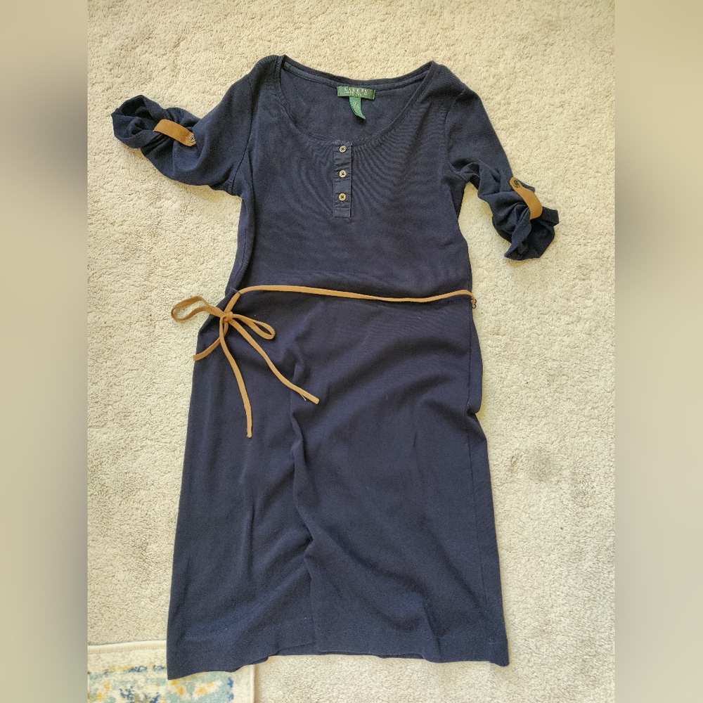 Elegant Navy Dress with Tan Accents